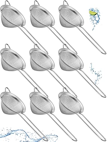 9 Pack Stainless Steel Cone Cocktail Strainer, Bar Strainer, Mesh, 3.2 in | Fine Mesh Cone Shape, Long Handle, Juice Tea Coffee Filter, Fits Most Cups, Reusable