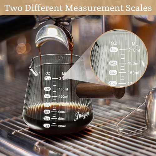Joeyan Espresso Measuring Cup, 7oz Gray Espresso Shot Cups with Handle, Double Scale Glass Measuring Cup with Spout, Ribbed Milk Frothing Pitcher, Espresso Machine Coffee Bar Accessories - color: Gray espresso cup