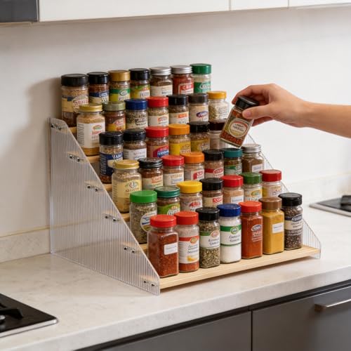 Tiered Spice Rack Organizer for Countertop & Cabinet, 6-Tier 16in Kitchen Seasoning Storage Shelf, Space Saving Standing Spice Organizer, Wooden & Acrylic, Solid Wood - color: Natural Wood, size: 6-Tier 16in