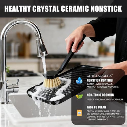 CATTLEMAN Panini Grill Press Sandwich Maker with Removable Plates, 1600W, 5 in 1 Smokeless Indoor Grill & Griddle with Meat Thermometer, PFAS Free Ceramic Nonstick Reversible Plates, Opens Flat - color: Black with Reversible Plates