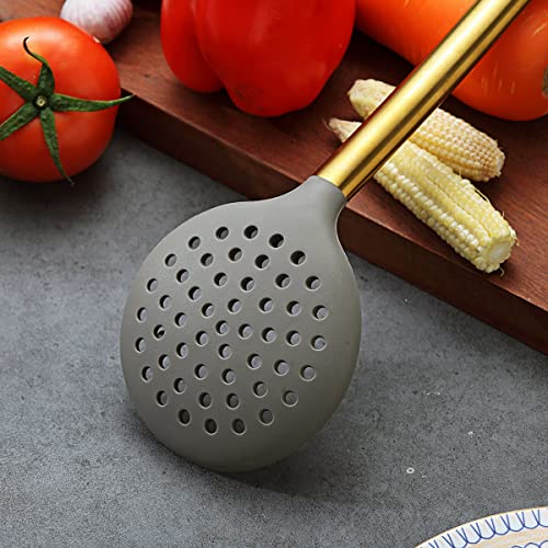 Gold Skimmer, Berglander Non-stick Silicone Strainer With Titanium Gold Plating handle, Kitchen Cooking Skimmers For Non-Stick Cookware, Dishwasher Safe, Easy to Clean - style: h. Skimmer