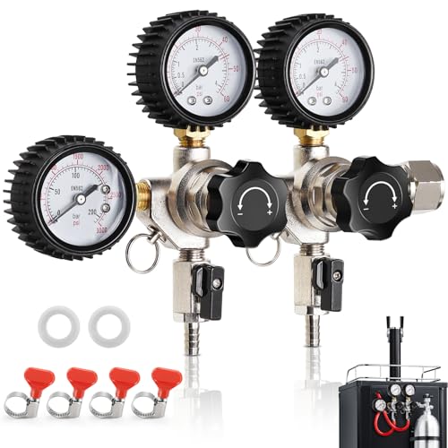 CO2 Regulator for Dual Tap Kegerator Draft Beer Tower Dispenser, Dual Keg Regulator CO2 Beer Pressure Regulator 0-60psi,CGA-320 CO2 Tank Regulator Gas Regulator 0-3000psi,Kegerator C02 Regulator Gauge - color: Primarily CO2 Regulator - 2 Output, size: Dua