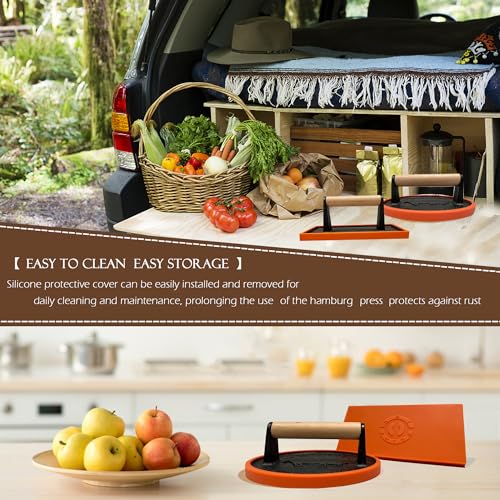 Cast Iron 7" & 8.5" X 4.3" Smash Burger Press, Heavy Duty Burger Smasher with Wooden Handle and Silicone Protective Cover for Griddle,Grill Press for Hamburger, Bacon, Barbecue Grilling Tool - size: Cast Iron Round & Rectangle