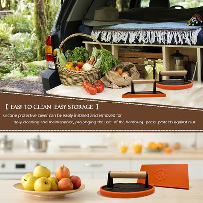 Cast Iron 7" & 8.5" X 4.3" Smash Burger Press, Heavy Duty Burger Smasher with Wooden Handle and Silicone Protective Cover for Griddle,Grill Press for Hamburger, Bacon, Barbecue Grilling Tool - size: Cast Iron Round & Rectangle