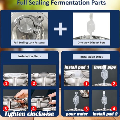 INTBUYING 9 Gal Wine Fermentation Tank 304 Stainless Steel Beer Brewing Fermentation Tanks with Exhaust Pipe Sealing Lock Fastener for Beer Wine Yogurt Milk Juice - size: 9gal