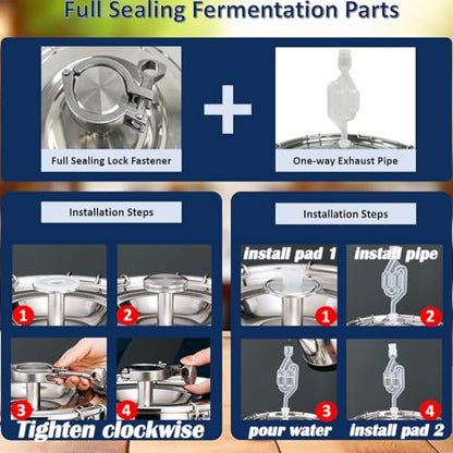 INTBUYING 9 Gal Wine Fermentation Tank 304 Stainless Steel Beer Brewing Fermentation Tanks with Exhaust Pipe Sealing Lock Fastener for Beer Wine Yogurt Milk Juice - size: 9gal