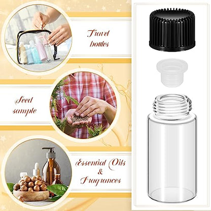 Lallisa 100 Pcs 4 ml Glass Vials with Black Screw Caps and Plastic Stoppers, 1 Dram Clear Small Leakproof Bottles Bulk, Mini Liquid Sample Vials for Essential Oils, Sample, DIY Craft - color: Clear with Black Cap, size: 4 ml