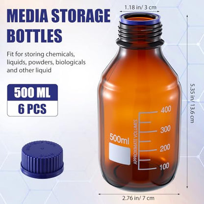 Tellegloww 6 Pieces 500 ml Reagent Media Bottles Amber Glass Graduated Round Lab Reagent Media/storage Bottle with Blue Screw Cap - size: 500 ml