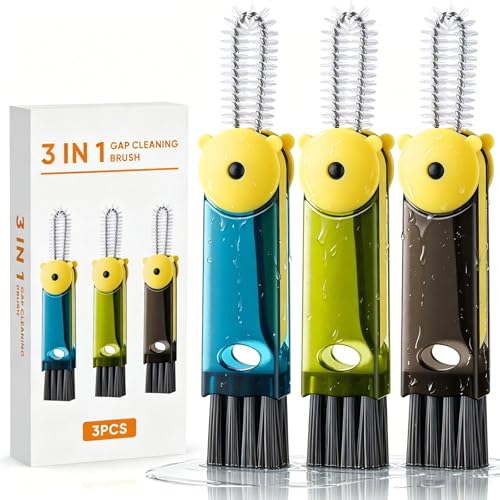 3 in 1 Cup Lid Cleaning Brush - Upgraded Version Cup Lid Brush with Packaging Box, Suitable for All Types of Cups, Bottle Gaps, Portable Travel and Home Kitchen Multifunctional Cleaning Set (3pcs) - color: Blue, Green, Black(little Bear)