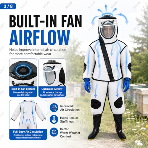 Beekeeping Suit with Electric Fan, Wasps Protective Clothing with Shoes and Glove, Fan Protective Onesie, Thick Full Body Clothing, for Backyard Professional and Beginner Beekeepers - size: Large