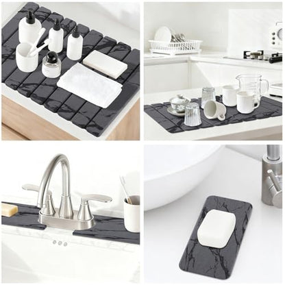 3 PCS Large Stone Dish Drying Mat for Kitchen Counter, Quick Dry Diatomaceous Earth Mat with Sink Faucet Pad, Marble Water Absorbing Stone Drying Mats for Dishes, Bottles and Cups - color: Dark Grey Marble