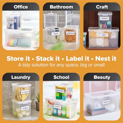 Bostitch Konnect Storage Containers with Lids, Clear Plastic Box, Stackable for Crafts, Home, and Office Organization, Labels, 3-Piece (1 4 Qt Box, 2 1.5 Qt boxes)