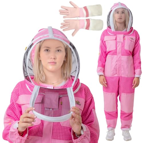 Pink 3 Layer Ventilated Bee Suit for Women | Sting Proof Beekeeping Suit with Fencing Veil, Gloves & Air Mesh Protective Gear (S) - size: Small