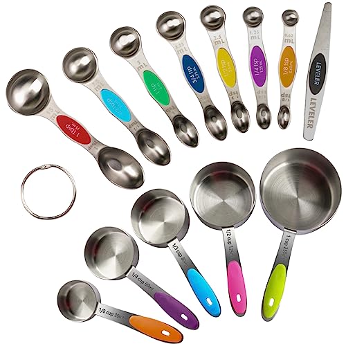 13-Piece Magnetic Measuring Spoons and Cups Set, Stainless Steel Kitchen Measure Tools with Silicone Handles, Nesting Dry and Liquid Measuring Cups for Baking Cooking (Multicolor) - color: Multicolor