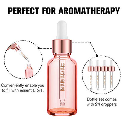 PrettyCare Glass Eye Dropper Bottles 24 Pack, 1oz (30ml) Rose Empty Thick Bottles Bulk with Leakproof Caps - With Labels & Funnels for Storage, Travel, Essential Oils, Cuticle Oils, Tinctures - color: 1oz Rose, style: 24 Pack