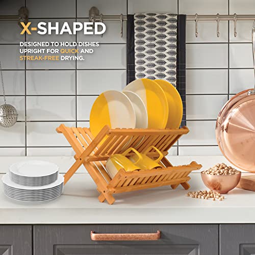 Bambüsi Collapsible Dish Drying Rack - 2 Tier Bamboo Dish Rack Dish Drainer for Kitchen Counter, Foldable Wooden Drying Rack for Plates Cups Bowls Utensils, No Assembly Folding Rack for Apartment, RV - style: Dish Rack