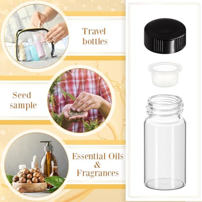 Lallisa 100 Pcs 20 ml Glass Vials with Black Screw Caps and Plastic Stoppers, 5 Dram Clear Small Leakproof Bottles Bulk, Mini Liquid Sample Vials for Essential Oils, Sample, DIY Craft - color: Clear with Black Cap, size: 20 ml