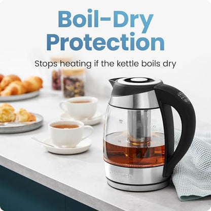 Chefman Electric Kettle with Temperature Control, 5 Presets LED Indicator Lights, Removable Tea Infuser, Glass Tea Kettle & Hot Water Boiler, 360° Swivel Base, BPA Free, Stainless Steel, 1.8 Liters - size: 1.8L
