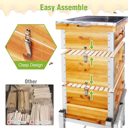 GUTINNEEN Bee Hive with Metal Frame and Stand, 10-Frame Bee Box Langstroth Beehive Dipped in 100% Beeswax,Easy Assemble Flow Hive Box Includes Wooden Frames & Waxed Foundations