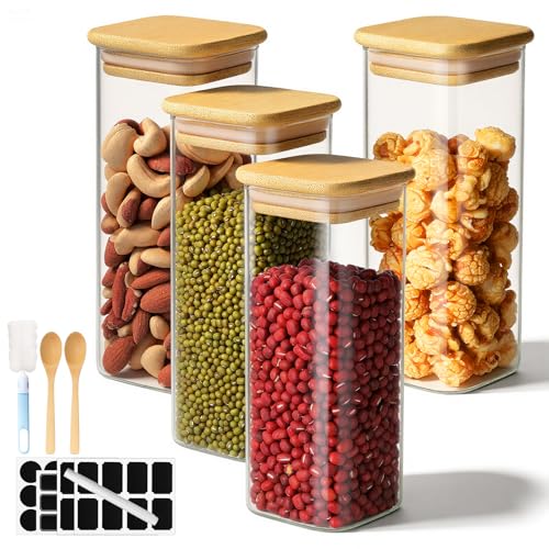 Glass Jars with Lids, 4 Pack 13 Fl.oz Square Glass Storage Jars with Bamboo Lids, Spice Canister Kitchen Pantry Containers for Sugar, Coffee Beans, Tea - Included Labels, Spoon and Marker - color: 4 Pack, size: 13 fl.oz