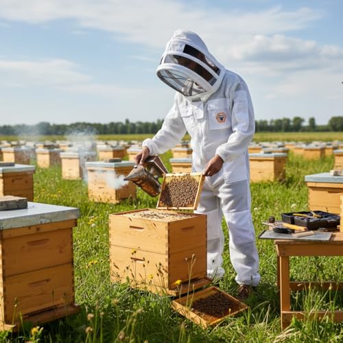 BP-411 Beekeeping Full Suit with Fencing Hat, Breathable Mesh, Sting Protection - Ultra Light Air Mesh - color: White, size: Medium