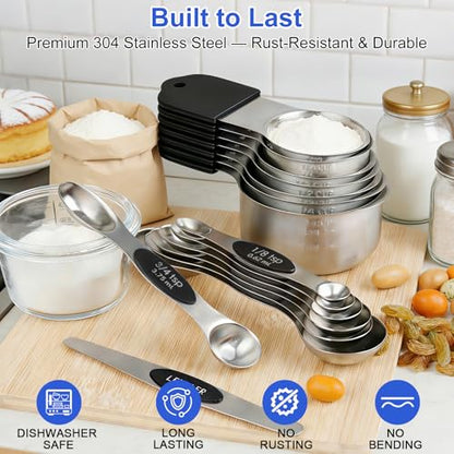 Magnetic Measuring Cups and Spoons Set, Kitchen Measuring Tools for Cooking and Baking - color: Silver