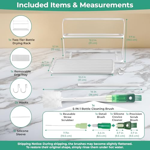 Cup Drying Rack for Counter, Water Bottle Drying Rack for Kitchen Counter, 2-Tier Tumbler, Mug and Glass Drying Rack with Drain Tray and 5-in-1 Cleaning Brush