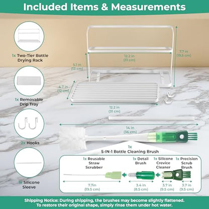 Cup Drying Rack for Counter, Water Bottle Drying Rack for Kitchen Counter, 2-Tier Tumbler, Mug and Glass Drying Rack with Drain Tray and 5-in-1 Cleaning Brush