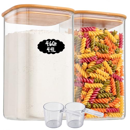 2-Pack 4.6Qt Large Glass Flour Sugar Storage Containers with Lids | Wide Mouth Design, With Measuring Cups, Minimalist Kitchen Organizer,Scandinavian Style Storage,Nordic Style Storage - size: 4.6Qt*2