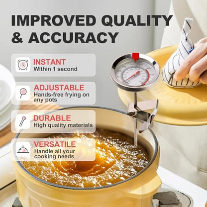 Candy Thermometer Waterproof IP67 - Oil Thermometer for Frying with Clips - 9" Side of Pot Thermometer Deep Fry for Oil Candy Candle BBQ - Silver - color: Silver Dial