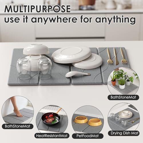 3 PCS Large Stone Dish Drying Mat for Kitchen Counter -24"x16" Absorbent Diatomaceous Earth Mat with Stone Faucet Mat & Soap Tray - Quick Dry, Collapsible, Non-Slip Countertop Organizer - color: Striped carving patterns