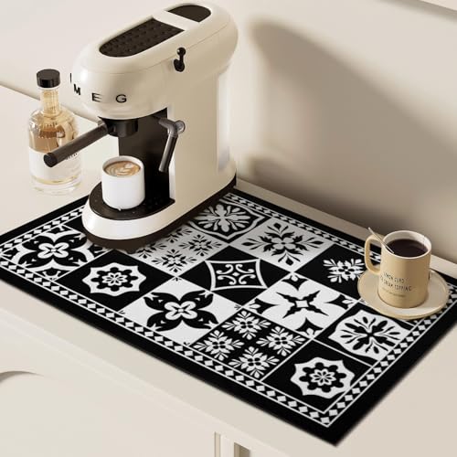 Coffee Bar Mat Hide Stain Rubber Backed Absorbent Drying Mat Modern Kitchen Drying Mat Easy Clean,Fit Under Coffee Maker Machine And Accessories-12"x19",Retro Black - color: Retro Black, size: 19" x 12"