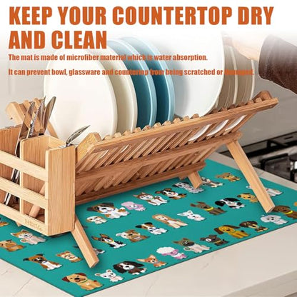 Cute Dogs Dish Drying Mat for Kitchen Counter Microfiber Absorbent Dish Cartoon Kitchen Drying Mat Draining Reusable Washable for Dishes/Utensils/Countertops/Sinks