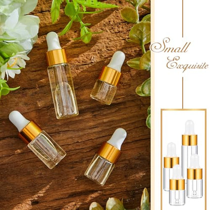 Didaey 100 Pcs 1/2/3/5/10/15 ml Mini Glass Oil Dropper Bottle Bulk, Clear Essential Small Empty Bottles Sample Containers Perfume Liquid Vials with Cap for Traveling (1ml,2ml,3ml,5ml,Champagne Gold) - color: Champagne Gold, size: 1ml, 2ml, 3ml, 5ml
