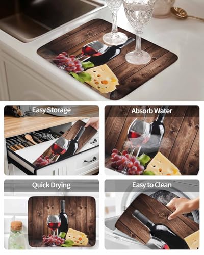 Wine Cheese Dish Drying Mat, Grapes Farmhouse Brown Wooden Plank Absorbent Dish Drying Matt Pad for Kitchen Countertops, Sinks, Dish Drainer Racks, Small 16x18in 2PCS - size: 16x18in 2PCS