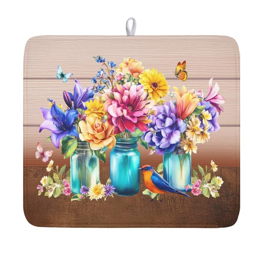Spring Colorful Flowers Dish Drying Mat for Kitchen Counter,Vintage Plants Mason Jar Butterflies Drying Mat 16 x 18 Inch with Absorbent Reversible Microfiber Dish Drying Pad for Coffee Bar