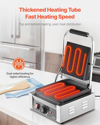 VEVOR Commercial Panini Grill, 1800W Electric Sandwich Panini Maker, Stainless Steel Sandwichs Press Grill with Handle and Temp Control, 8.8x9 in Flat Enamel Plate, for Hamburger Steak Bacon