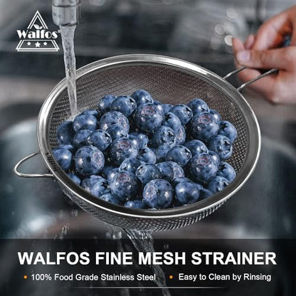 Walfos Fine Mesh Strainer and Fat Skimmer Spoon Set, Multipurpose Metal Strainers for Kitchen, Rice, Quinoa, Food, 304 Stainless Steel Fat Skimmer For Cooking, Fat, Grease, Floating Foam, 5 Pack - style: Strainers Skimmers Set
