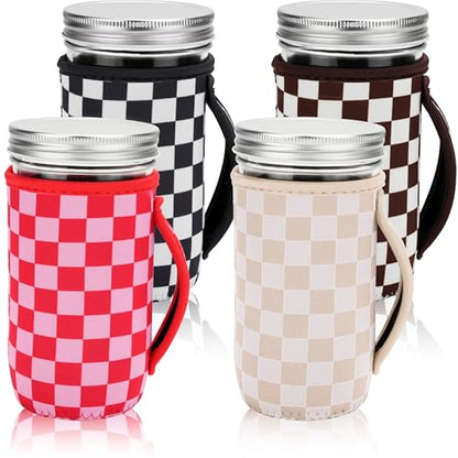 KJQJLY 4 Pcs Mason Jars Sleeves Neoprene 24oz Regular and Wide Mouth Mason Jar Sleeves Holder with Handle (Checkered, 24 OZ) - color: Checkered, size: 24 OZ