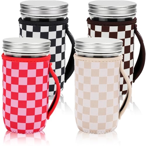 KJQJLY 4 Pcs Mason Jars Sleeves Neoprene 24oz Regular and Wide Mouth Mason Jar Sleeves Holder with Handle (Checkered, 24 OZ) - color: Checkered, size: 24 OZ