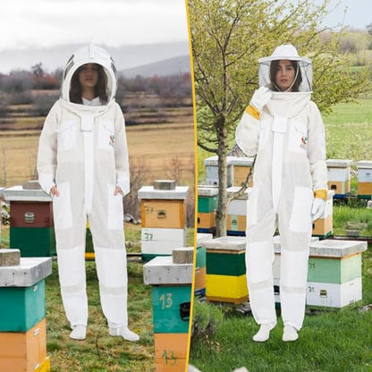 ANDES 3-Layer Mesh Ventilated Bee Suit with 2 Veils & Goatskin Gloves,S | Professional Full Body Sting-Proof Beekeeper Suit, Unisex for Beginners & Commercial Beekeepers - size: Small