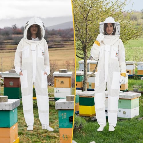 ANDES 3-Layer Mesh Ventilated Bee Suit with 2 Veils & Goatskin Gloves, XL | Professional Full Body Sting-Proof Beekeeper Suit, Unisex for Beginners & Commercial Beekeepers - size: X-Large