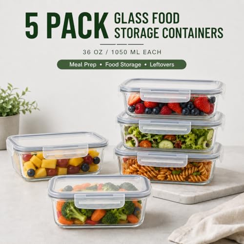 5 Pack 36oz Borosilicate Glass Food Storage Containers Set with Lids, Freezer Meal Prep Containers, Airtight Bento Lunch Container Set, Oven, Freezer and Dishwasher Safe, BPA Free, Kitchen Storage Set - color: transparent