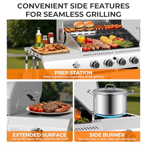 Kismile 4-Burner Propane Gas Grill with Side Burner, Stainless Steel 42,000 BTU BBQ Grill, Enameled Baking Rack & Enamel Grates, Barbecue Grill for Outdoor Cooking, Backyard, Patio, Deck Camping