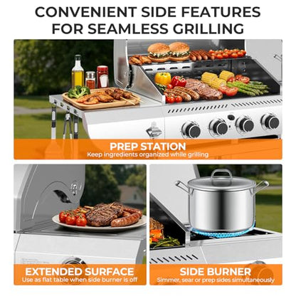 Kismile 4-Burner Propane Gas Grill with Side Burner, Stainless Steel 42,000 BTU BBQ Grill, Enameled Baking Rack & Enamel Grates, Barbecue Grill for Outdoor Cooking, Backyard, Patio, Deck Camping