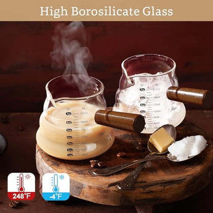 Joeyan 7 oz Glass Measuring Cup, Espresso Shot Glasses with Spout and Wooden Handle, Clear Milk Frothing Pitcher, Wave Shaped Borosilicate Espresso Bar Accessories for Coffee - color: Clear wavy espresso cup