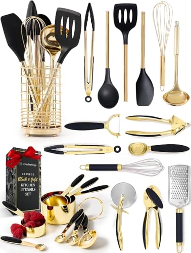 Black and Gold Kitchen Utensils Set - 23-Piece Luxury Kitchen Accessories Includes Gold Measuring Cups, Spoons, Silicone Cooking Utensils and Tools for Baking, Cooking, and Stylish Kitchen Decor - color: 23 PC Black & Gold