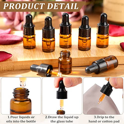Nuogo 100 Pcs Mini Amber Glass Oil Dropper Bottle Bulk, Clear Essential Small Empty Sample Vial with Dropper and Black Caps Tiny Amber Glass Bottles Perfume Jars for Travel(2 ml) - size: 2 ml
