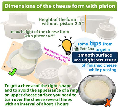 Wooden Cheese Press for Cheese Making Supplies 16in Metal Guides and 2 pcs Cheese Mold with Follower Piston 1.3Qt - large Home Supply Ultimate Cheese Press Machine - Prensa Para Queso Casero
