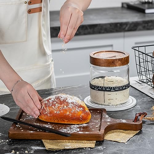 Wissy&Konny Sourdough Starter Jar 35OZ with Ounce Scale Line,Date Marked Feeding Band, Thermometer, Sourdough Jar Scraper, Cloth Cover & Wood Lid, Wide Mouth for Sourdough Bread Baking - color: Wood Lids-1 Pack